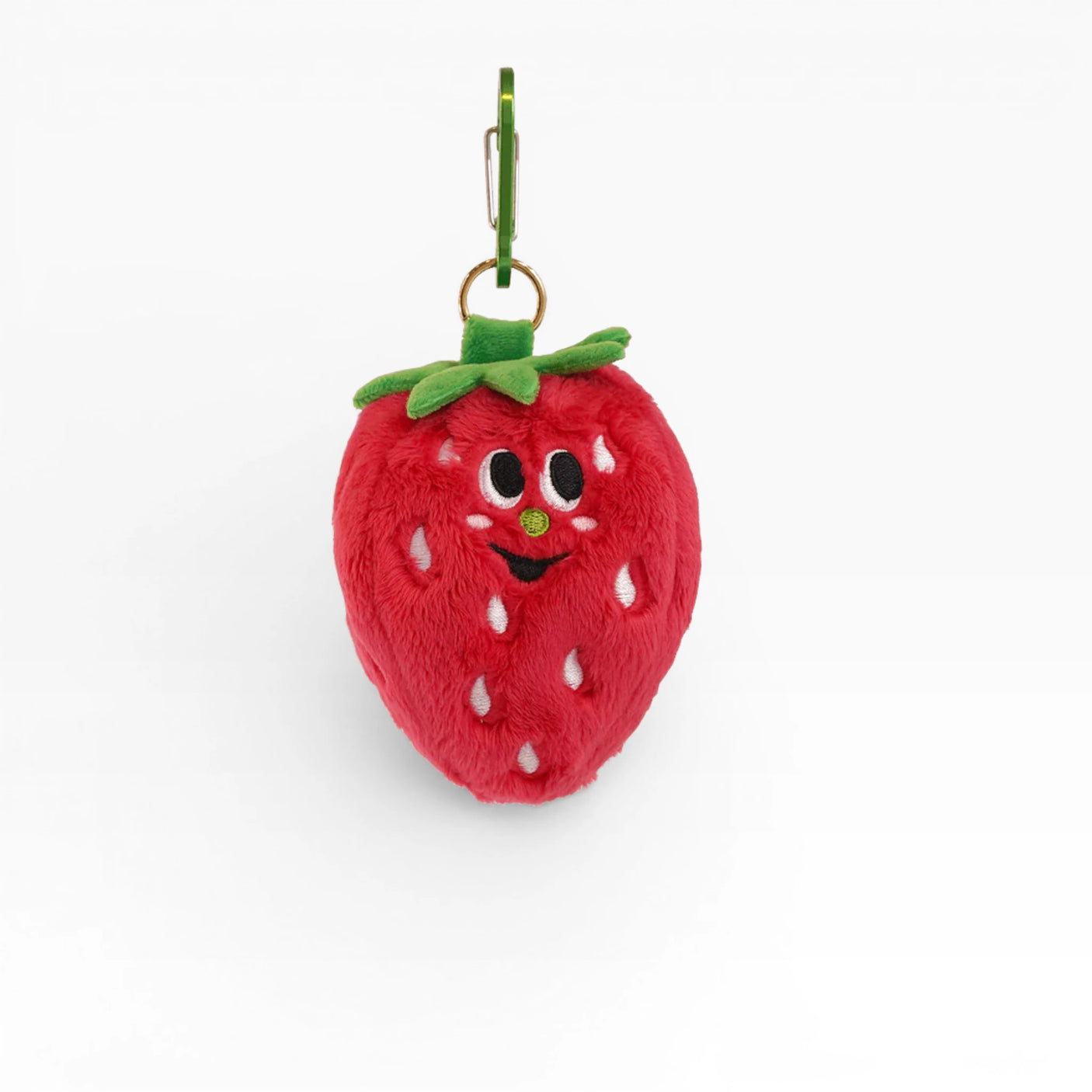 Strawberry AirPods case keychain, red plush with green leaf topper and face detail