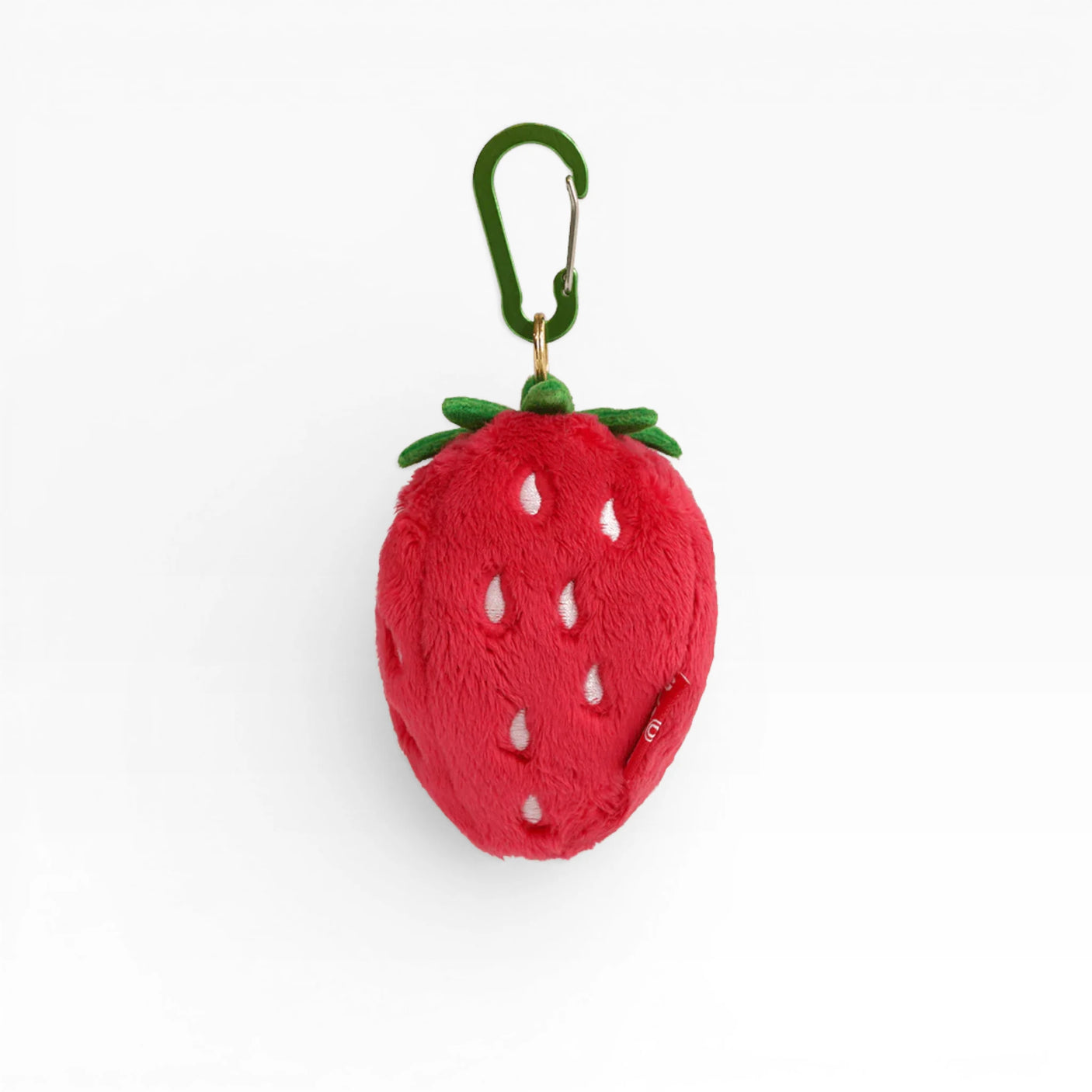 Strawberry AirPods case, red plush strawberry with green leaf cap and carabiner clip