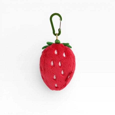Strawberry AirPods case, red plush strawberry with green leaf cap and carabiner clip