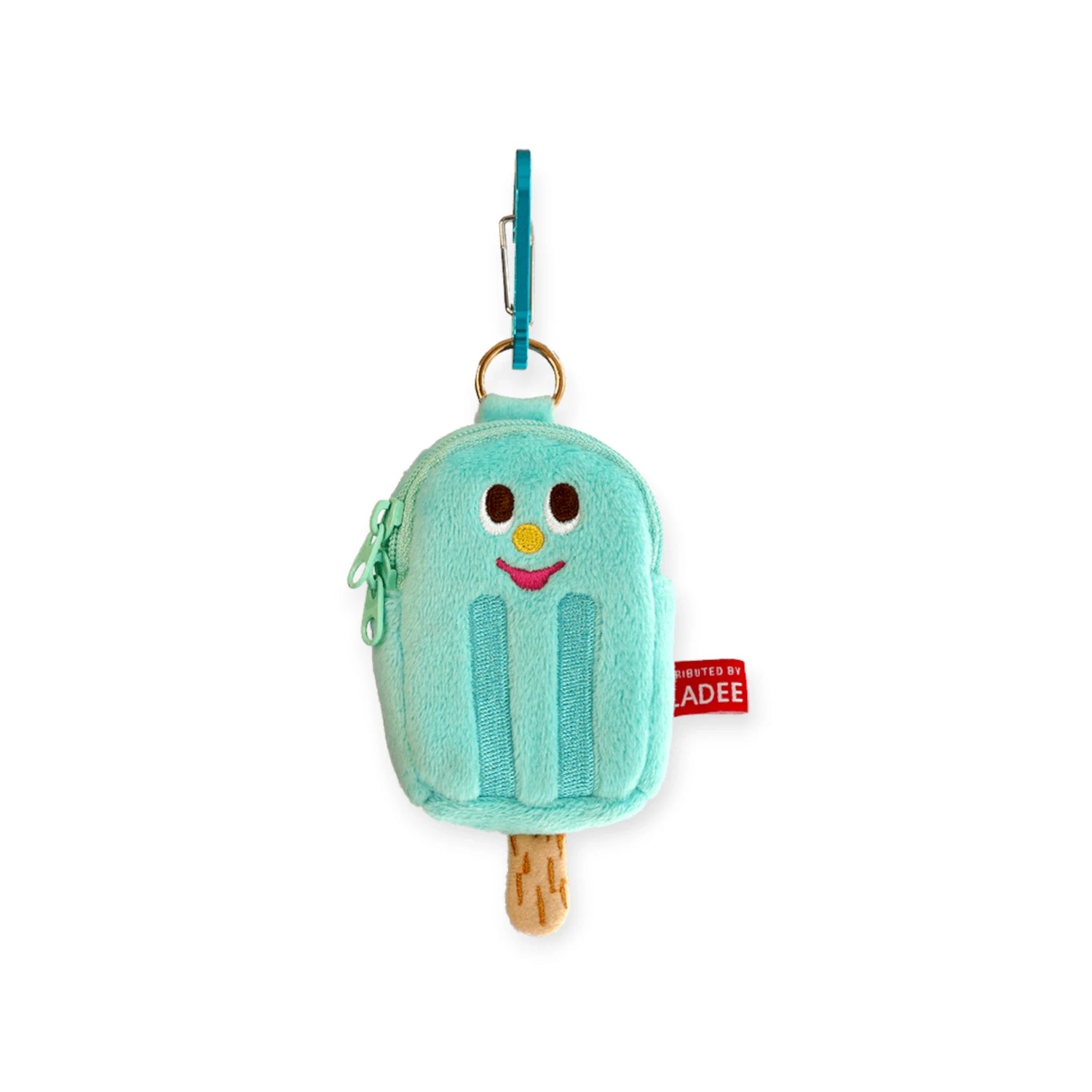 Mint ice-cream earbuds case with smiling face design, teal key clip, zip pouch