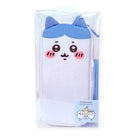 White zipper case pouch with blue-eared Hachiware character face and round cheeks