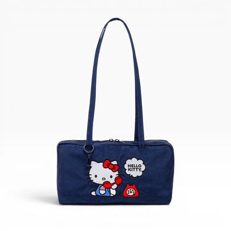 Navy nylon bowler bag with Hello Kitty face print and red bow detail