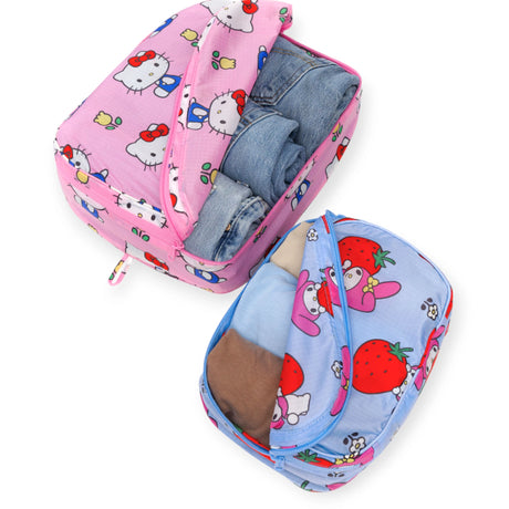 Pink Hello Kitty and blue My Melody Baggu packing cubes with rolled clothes inside, promo image 1
