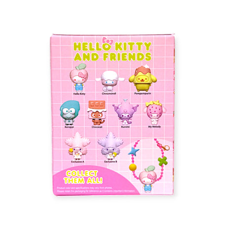 Back of Hello Kitty Blind Box showing grid of collectible Sanrio characters and bubble tea charm options