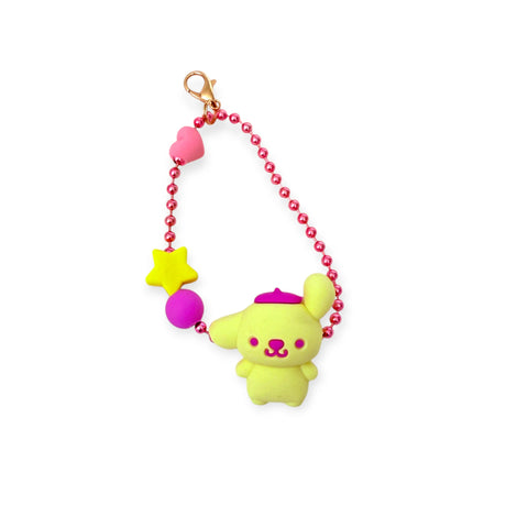 Yellow Sanrio character charm with pink beret on pink bead chain keyring with heart and star beads, gallery 1