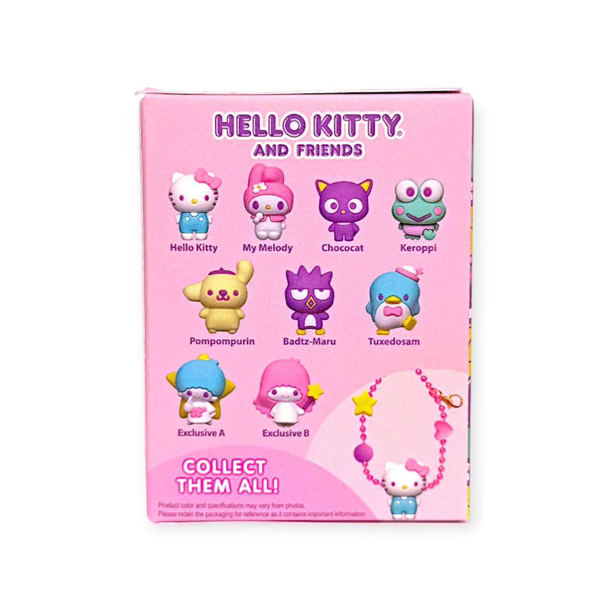 Back of Hello Kitty Blind Box packaging showing collectible Sanrio characters and pink keychain charms, gallery 1