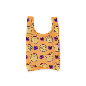 Baby Baggu x Hello Kitty Pompompurin reusable bag with orange background and purple flower pattern, gallery view 1