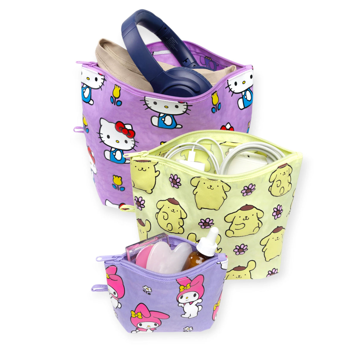Hello Kitty themed pouch set with two zip pouches in purple and light yellow, novelty prints
