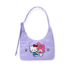 The Hello Kitty x Baggu Mini Nylon Shoulder Bag by Baggu features Hello Kitty and My Melody holding hands with flower accents, made from recycled nylon.