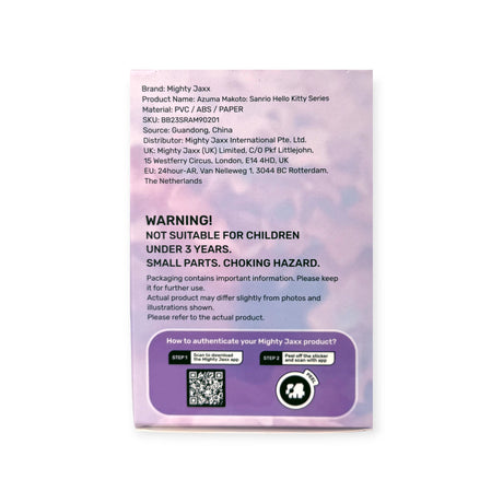 Sanrio x Azuma Makoto Hello Kitty blind box packaging back with warning and authentication instructions, gallery image 1