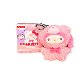 A Hello Kitty Blind Box - Cafe Plush Keychain by Hello Kitty, featuring Hello Kitty in a bear costume and displayed beside packaging with "Hello Kitty and Friends" branding.