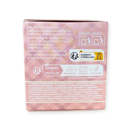 Back of a pink Hello Kitty Blind Box - Cafe Plush Keychain box shows recycling instructions, safety info in multiple languages, and various recycling symbols. Brand: Hello Kitty.