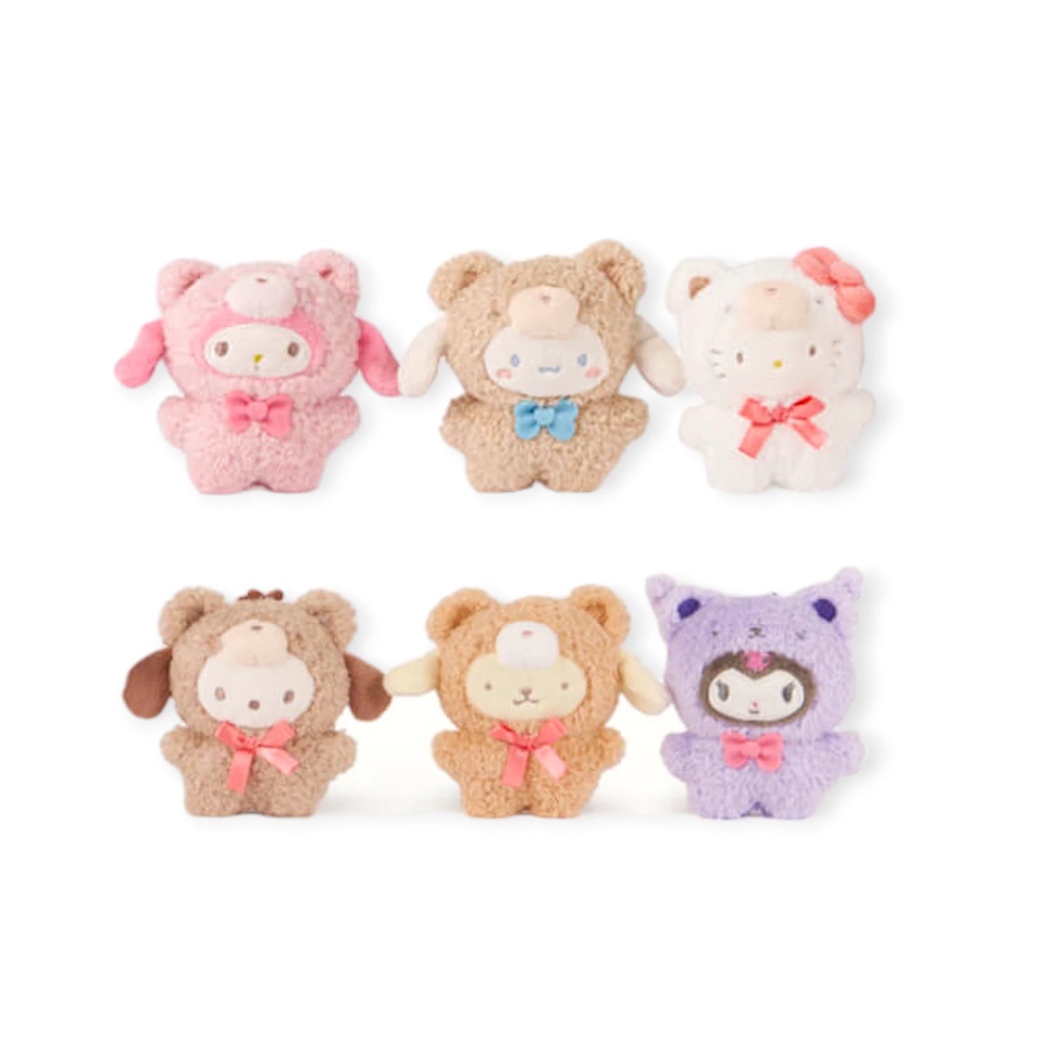 Six Hello Kitty Blind Box - Cafe Plush Keychains from Hello Kitty, featuring plush toys in bear costumes arranged in two rows on a white background—perfect as adorable collectibles.