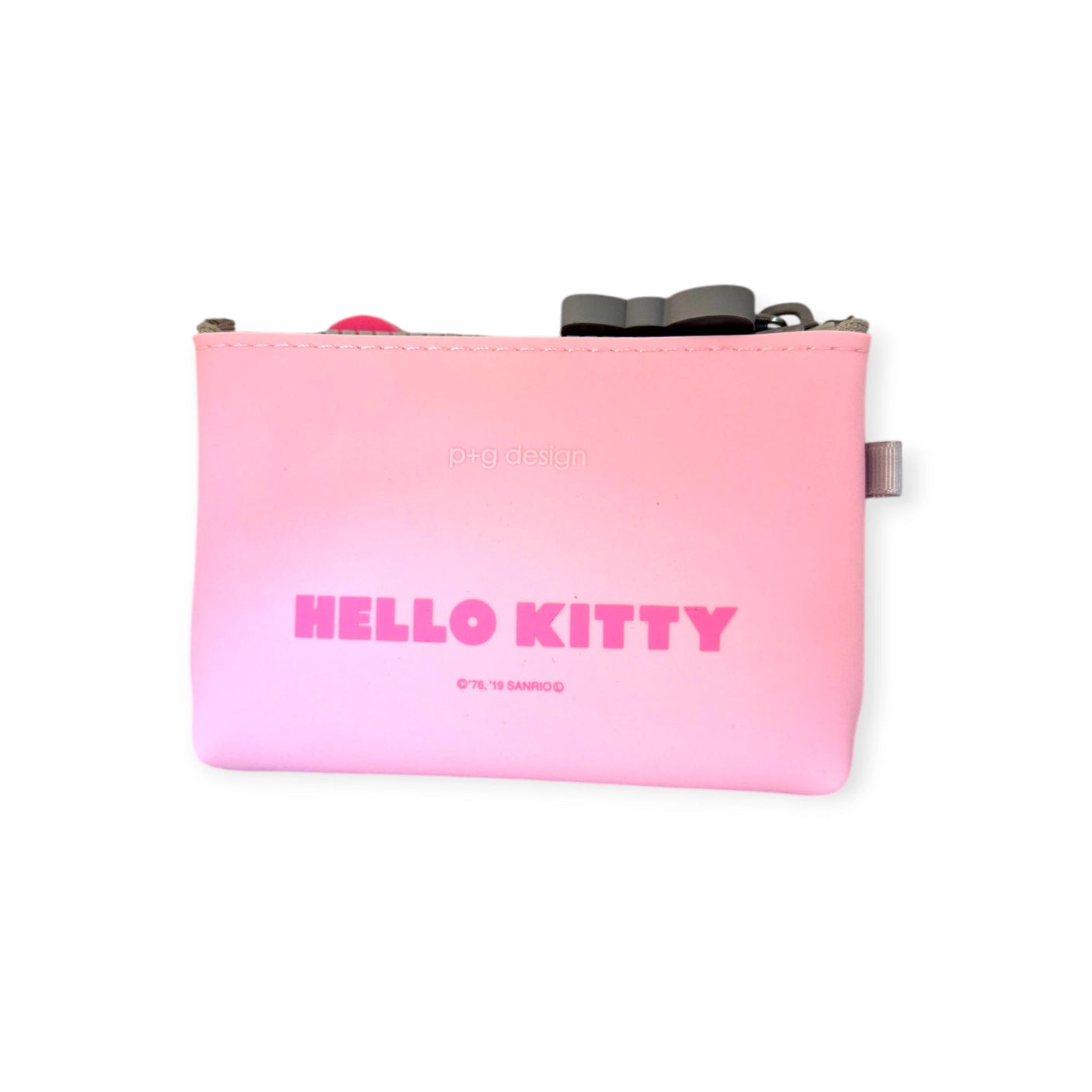 The Hello Kitty Zip Case - Pink by Hello Kitty is crafted from durable soft silicone, featuring iconic text and embellished with a cute pair of ears and a bow on the top edge.