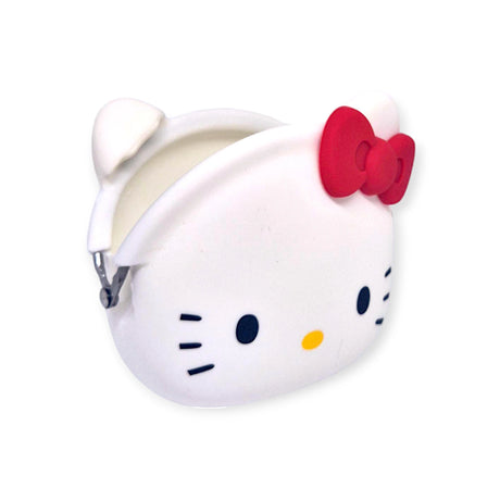 This compact and functional Hello Kitty Purse Clutch from the Hello Kitty brand is designed to resemble a cartoon cat's face, with black eyes, a yellow nose, pink whiskers, and a red bow on the right ear. It's the perfect kawaii accessory for any fan!