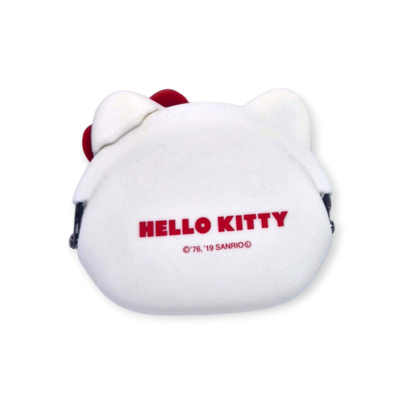 Introducing the Hello Kitty Purse Clutch by Hello Kitty, a kawaii white coin purse crafted in the shape of Hello Kitty's head, adorned with an adorable red bow and featuring "HELLO KITTY" on the back. This charming and compact accessory is ideal for fans looking to add a delightful hint of their beloved character to their collection.