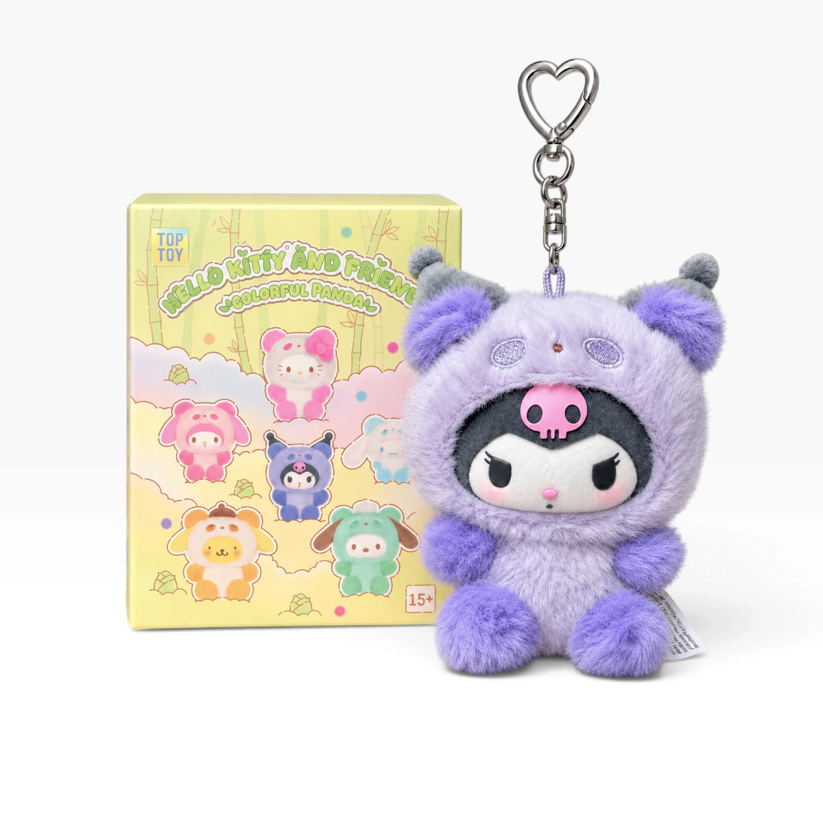Purple plush panda pendant with heart keychain clasp and hanging chain