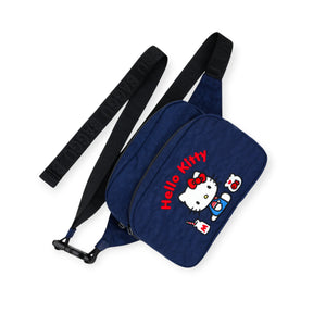 Hello Kitty x Baggu fanny pack in navy with embroidered character graphic and adjustable black strap, gallery image 1