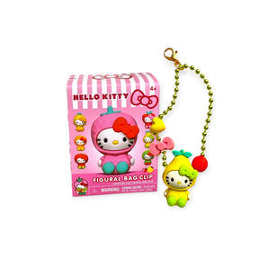 The Hello Kitty Blind Box - Fruit Charm by Hello Kitty features a figural bag clip of Hello Kitty in a fruit costume, attached to a green beaded chain, displayed beside its pink packaging with matching character images.