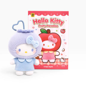 Hello Kitty plush keychain pair: blue flower-bow bear and red apple hat figure
