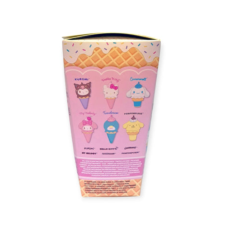 The Hello Kitty & Friends Ice Cream Blind Box offers whimsical cartoon characters illustrated as ice cream cones, including Kuromi, Hello Kitty, and Cinnamoroll, set against a pink background. Uncover the surprise of a Sanrio plush or maybe a delightful Hello Kitty keychain inside!