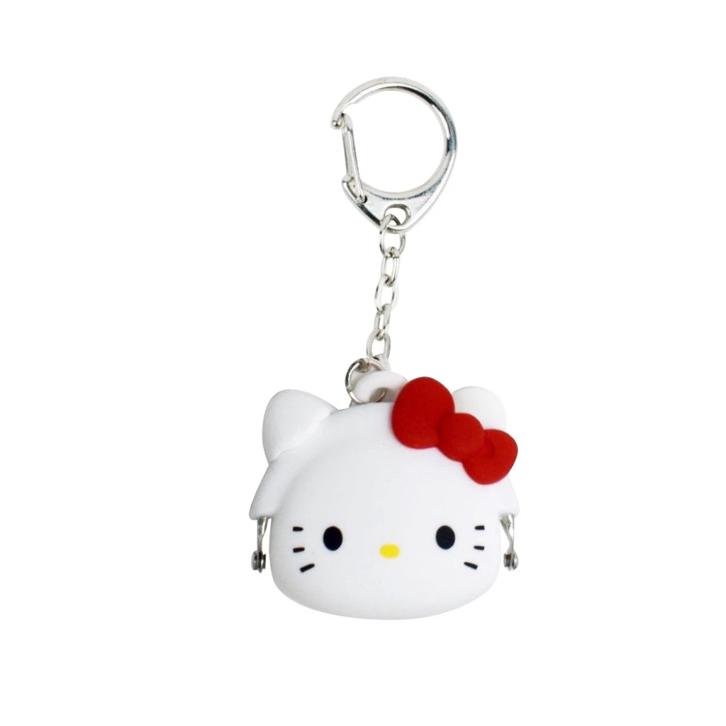 A Hello Kitty Keychain - Pocket Pal showcasing a white cat face adorned with a red bow and whiskers, attached to a silver chain and keyring.