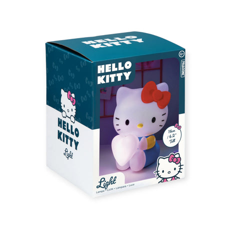 Box of a Hello Kitty Night Light (16cm) showcasing the iconic character with a red bow, holding a glowing pink heart.