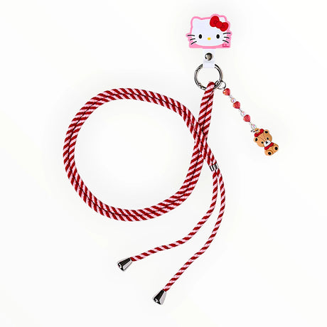 Hello Kitty phone strap with striped lanyard, metal keyring, and teddy bear charm