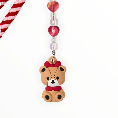 Teddy bear charm with red heart and silver chain links for phone strap