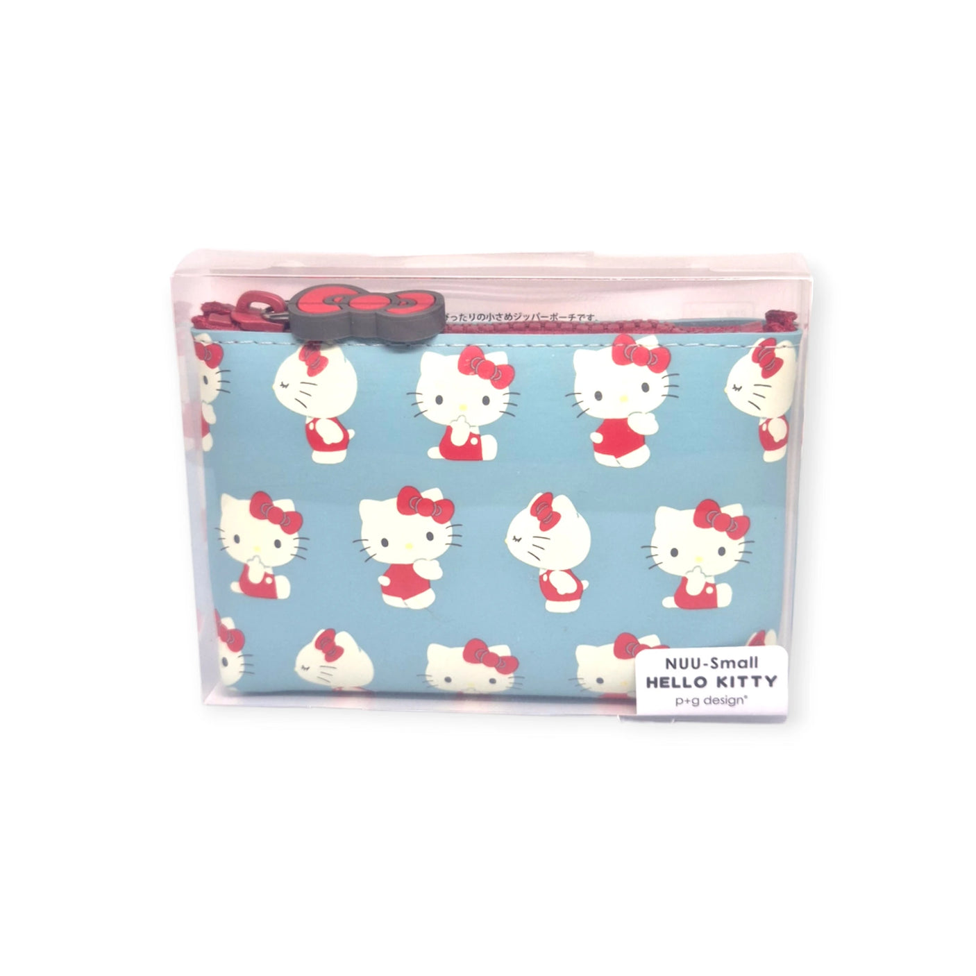 A delightful Hello Kitty Zipper Pouch Case crafted from durable silicone, showcasing a charming blue design adorned with various images of the iconic white cartoon cat wearing a red bow and outfit. The packaging label reads: "NUU-Small HELLO KITTY p+g design".