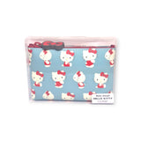 A delightful Hello Kitty Zipper Pouch Case crafted from durable silicone, showcasing a charming blue design adorned with various images of the iconic white cartoon cat wearing a red bow and outfit. The packaging label reads: "NUU-Small HELLO KITTY p+g design".