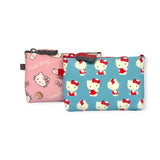 Explore the impeccable duo of Hello Kitty Zipper Pouch Cases by Hello Kitty: one in a delightful pink adorned with charming light brown motifs and "Hello Kitty" text, and the other in a vibrant blue featuring lively red and white Hello Kitty designs. These pouches are crafted from durable silicone, perfectly balancing style and resilience.