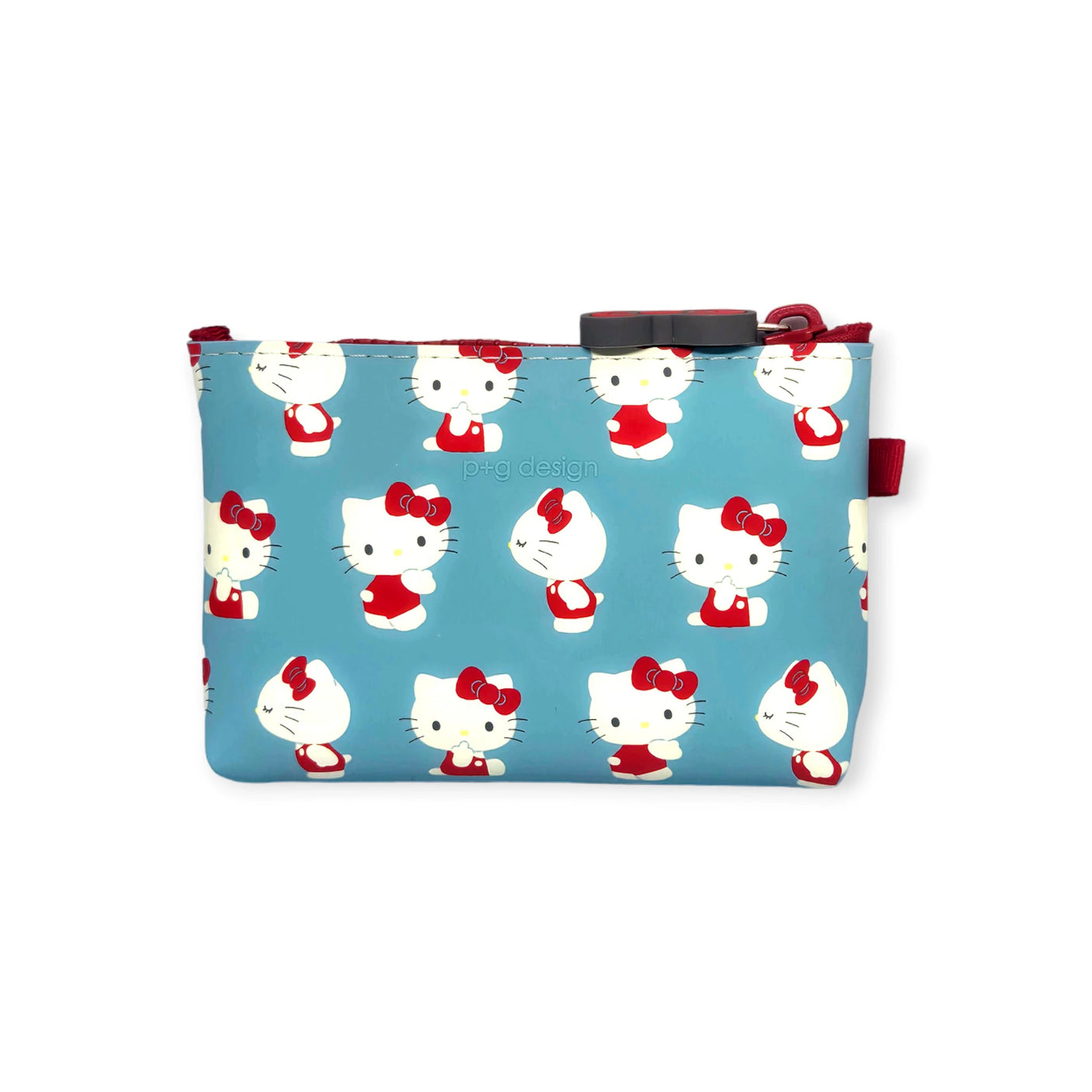 Hello Kitty Zipper Pouch Case by Hello Kitty, showcasing playful designs of cartoon cats in red dresses and bows, made from durable silicone with a blue body and red trim.