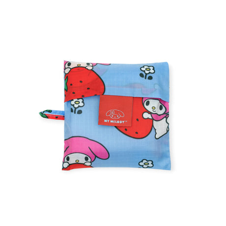Folded Standard Baggu x Hello Kitty My Melody Strawberry reusable bag in pouch form with blue background and strawberry print, front view
