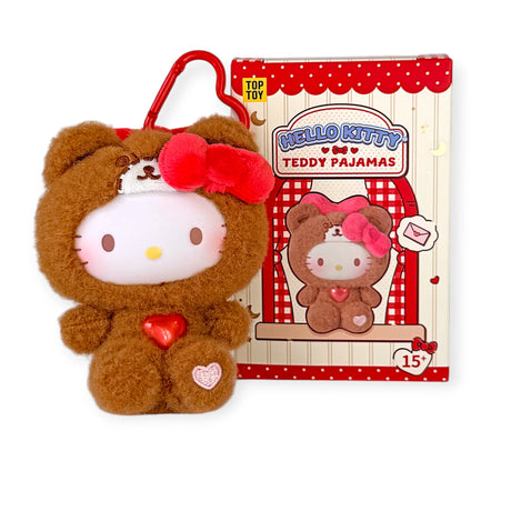 Hello Kitty Teddy Pajamas Plush Pendant - Blind Box with Hello Kitty in a brown fuzzy bear suit holding a red heart charm.