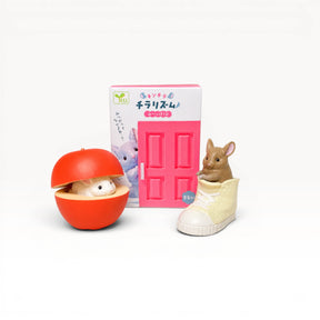 Blind box set with pink door package, rabbit figure in white sneakers, red ball