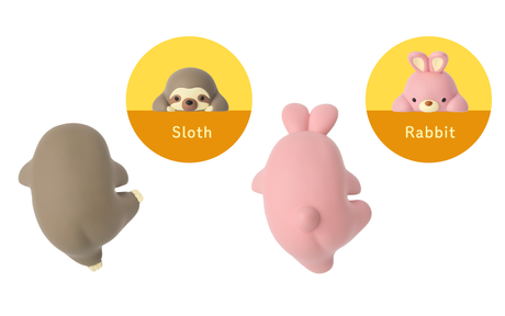 Two Funbarus Hippers mini figures, sloth and rabbit designs, shown from behind with yellow background circles detailing names