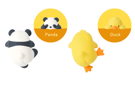 Back view of Funbarus Hippers mini figures in playful panda and duck designs with matching name labels on yellow circles