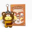 Plush Hello Kitty bear keychain in yellow overalls with goggles, with metal key ring