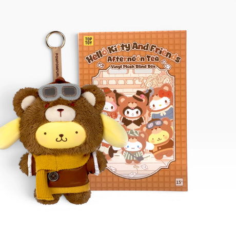 Plush Hello Kitty bear keychain in yellow overalls with goggles, with metal key ring