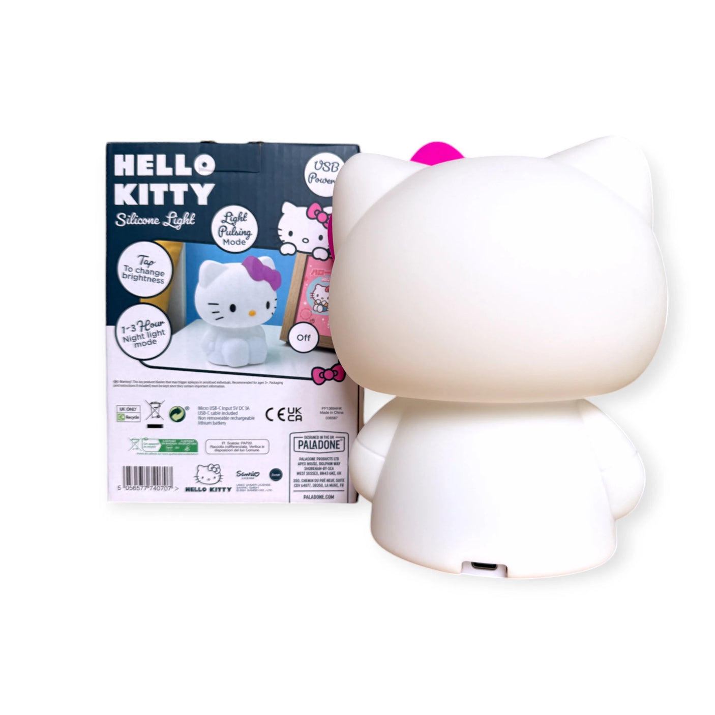 A Hello Kitty Silicone Night Light and its box, featuring images and details about the delightful, squishy light, are placed side by side.