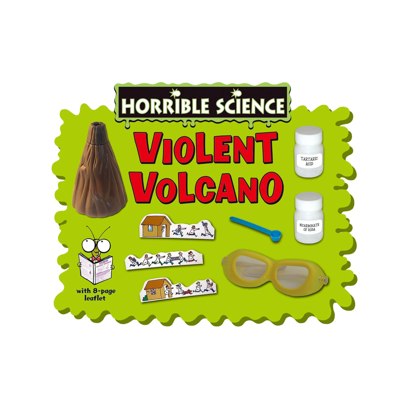 The Horrible Science - Violent Volcano Kit offers an exciting experience with a volcano model, chemicals, spoon, goggles, and an informative leaflet set against a green background. Dive into the explosive world of science and feel the thrill of a volcanic eruption!