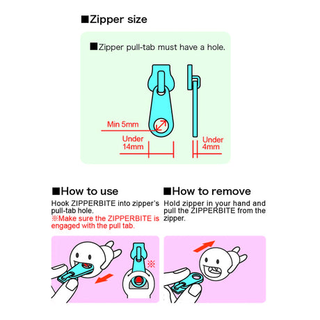 Instructional diagram showing zipper pull-tab size requirements, how to attach the Smiski ZipperBite - Falling Down by hooking it through the pull-tab, and how to remove the glow-in-the-dark Smiski figure by pulling it off.