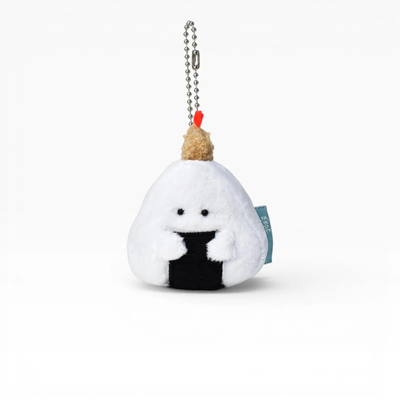 Plush rice ball keychain with face and bead chain, white with black center
