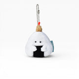 Plush rice ball keychain with face and bead chain, white with black center