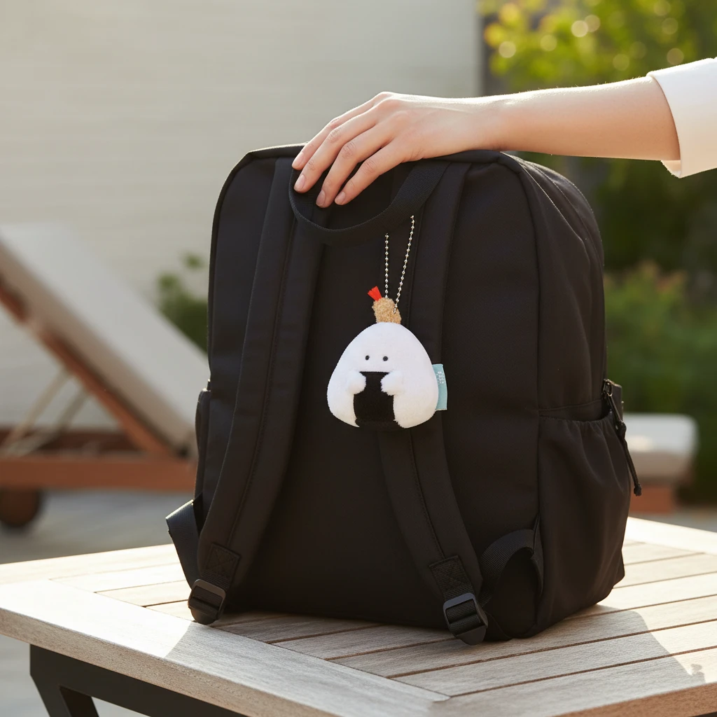Plush rice ball keychain attached to a black backpack, white top with black center