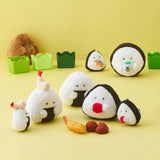 Assorted plush rice ball keychains with bead chains, white bodies with black centers