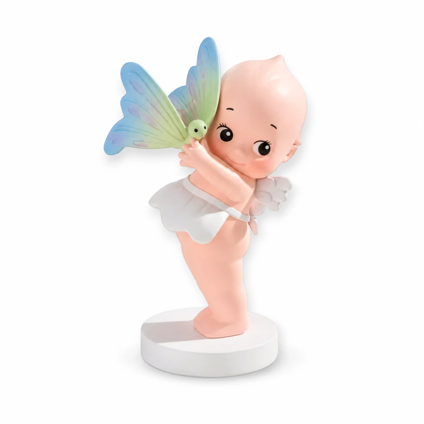 Kewpie holding things blind box figurine holding a pastel butterfly with green body