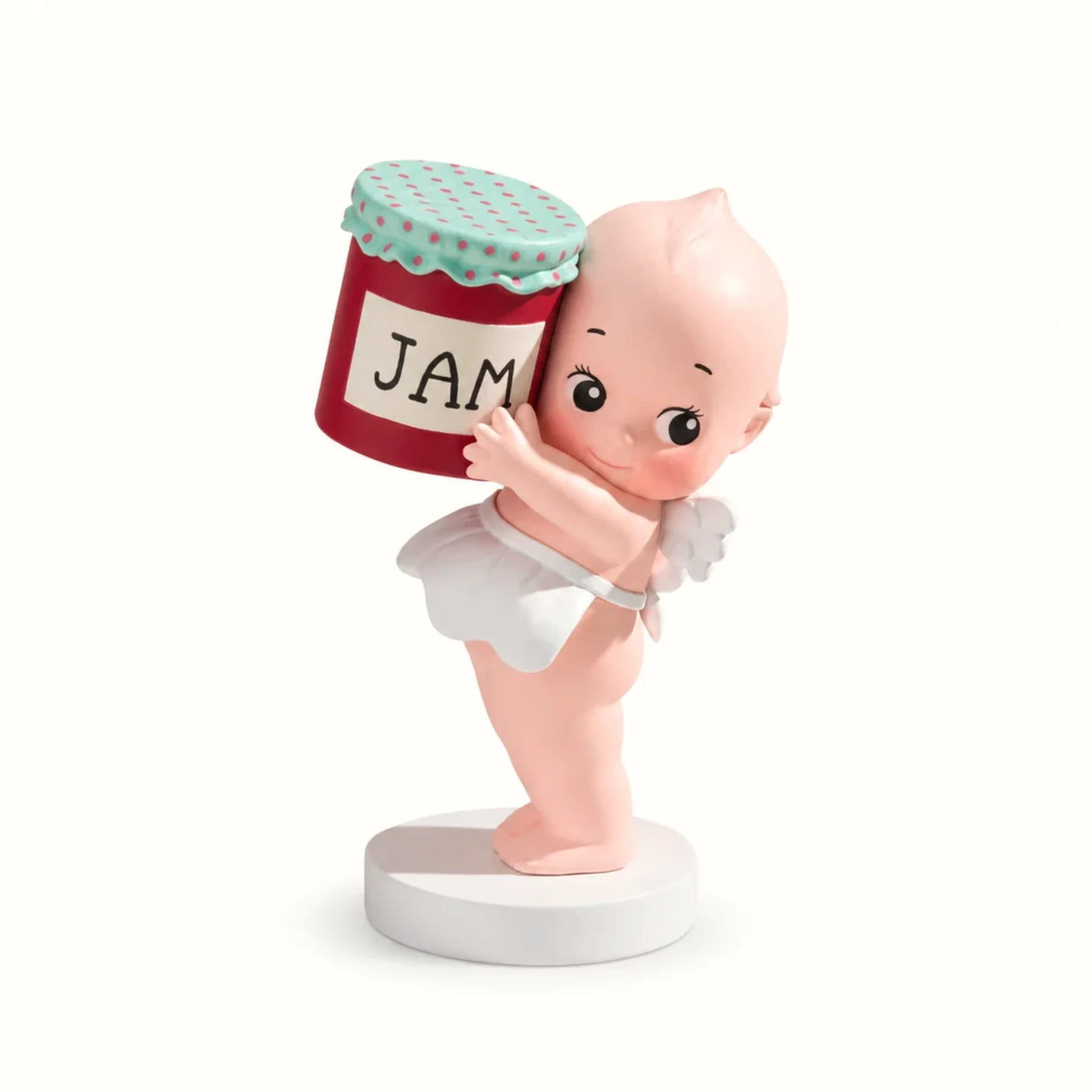 Kewpie holding things blind box figurine holding a red jam jar with “JAM” label