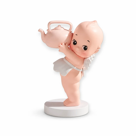 Kewpie holding things blind box figurine holding a small pink teapot